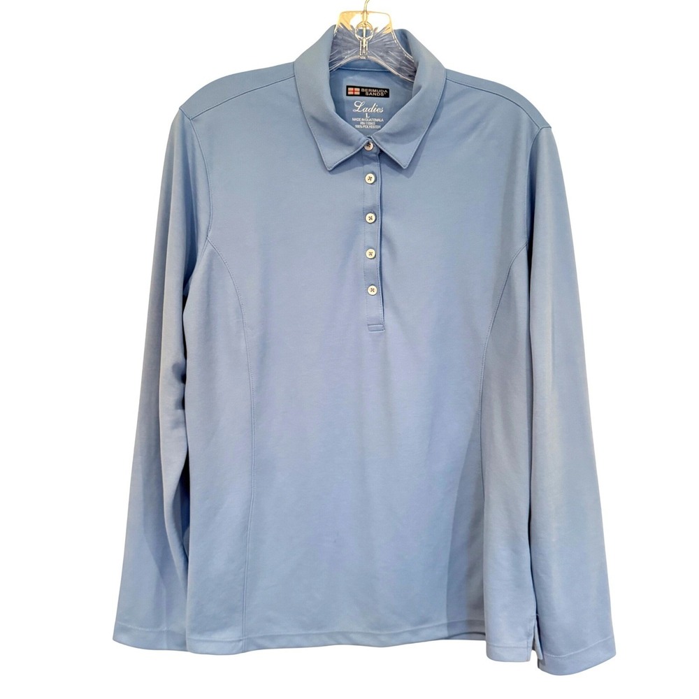 Bermuda Sands Long Sleeve‎ Polo Golf Shirt Women's L Light Blue Athletic Preppy